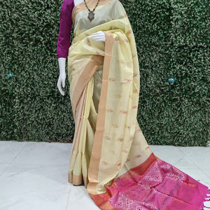 Cream With Pink Flower Motif Handwoven South Soft Silk Saree