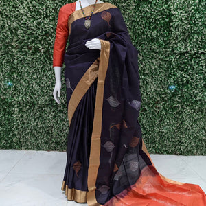 Deep Blue With Peach Handwoven South Soft Silk Saree