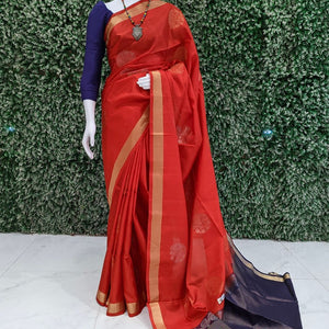 Red With Blue Pure Kanjivaram Soft Silk Saree