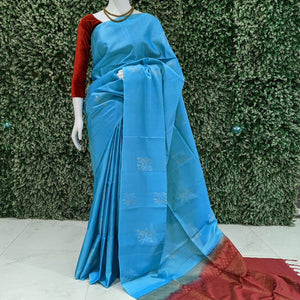 Sky With Maroon Pure Kanjivaram Soft Silk Saree