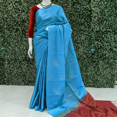 Sky With Maroon Pure Kanjivaram Soft Silk Saree