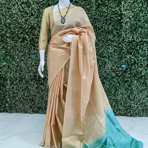 Sea Green With Beige Pure Kanjivaram Soft Silk Saree