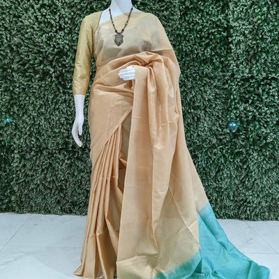 Sea Green With Beige Pure Kanjivaram Soft Silk Saree