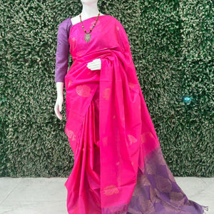 Pink With Lavender Pure Kanjivaram Soft Silk Saree