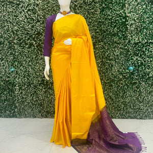 Yellow With Purple Pure Kanjivaram Soft Silk Saree