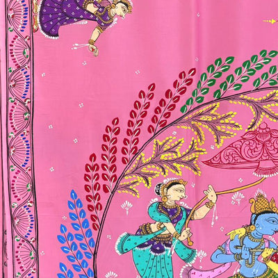 Pink Krishna Rasa Leela Theme Hand-Painted Pattachitra Saree