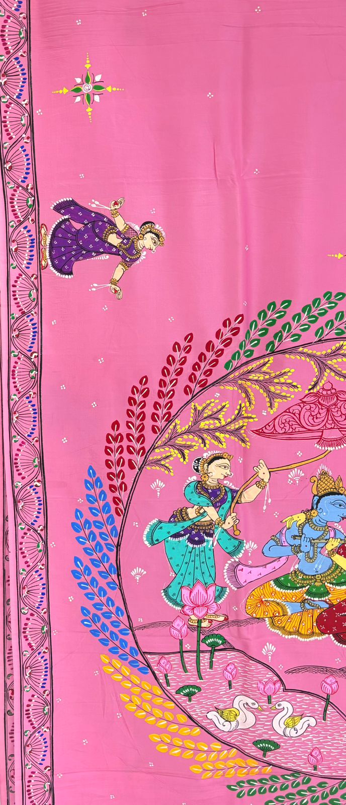 Pink Krishna Rasa Leela Theme Hand-Painted Pattachitra Saree