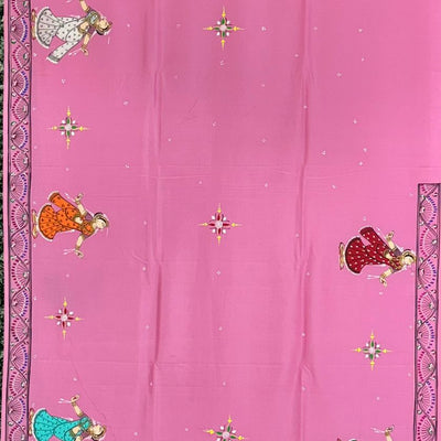 Pink Krishna Rasa Leela Theme Hand-Painted Pattachitra Saree
