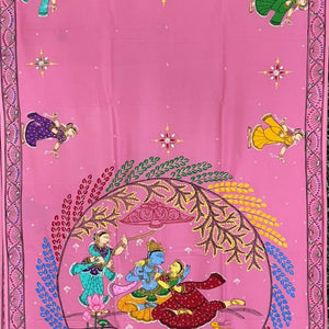 Pink Krishna Rasa Leela Theme Hand-Painted Pattachitra Saree