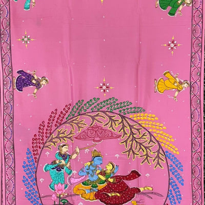 Pink Krishna Rasa Leela Theme Hand-Painted Pattachitra Saree