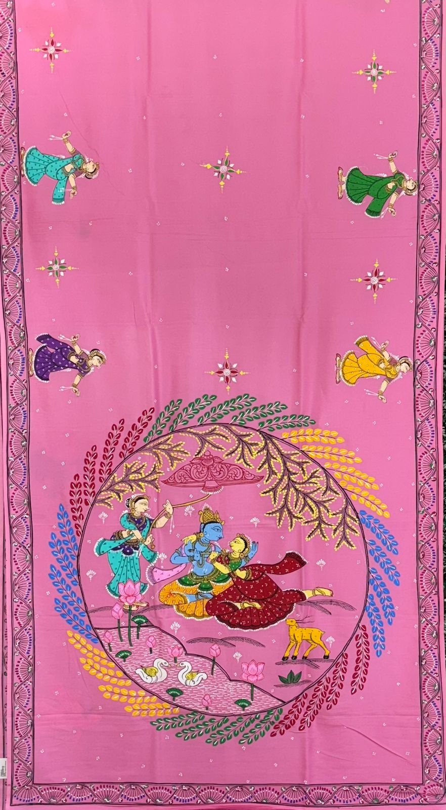 Pink Krishna Rasa Leela Theme Hand-Painted Pattachitra Saree