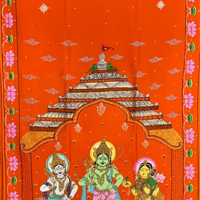 Orange Ramayana Theme Hand-Painted Pattachitra Saree