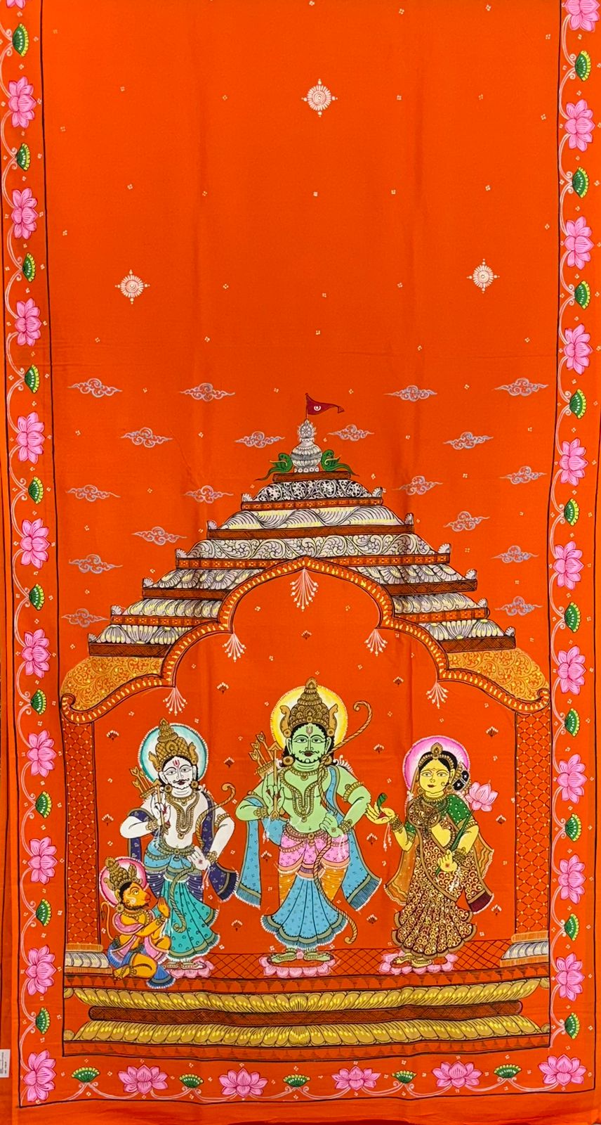 Orange Ramayana Theme Hand-Painted Pattachitra Saree