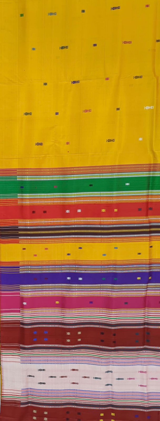 Golden Yellow Fish Motif Double Pallu Contemporary Silk Saree