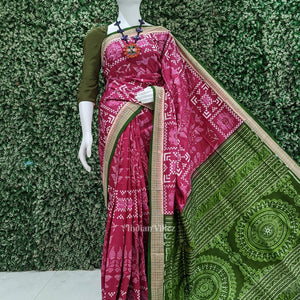 Magenta Pink Mehendi Birds Tree Sambalpuri Silk Saree