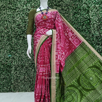 Magenta Pink Mehendi Birds Tree Sambalpuri Silk Saree