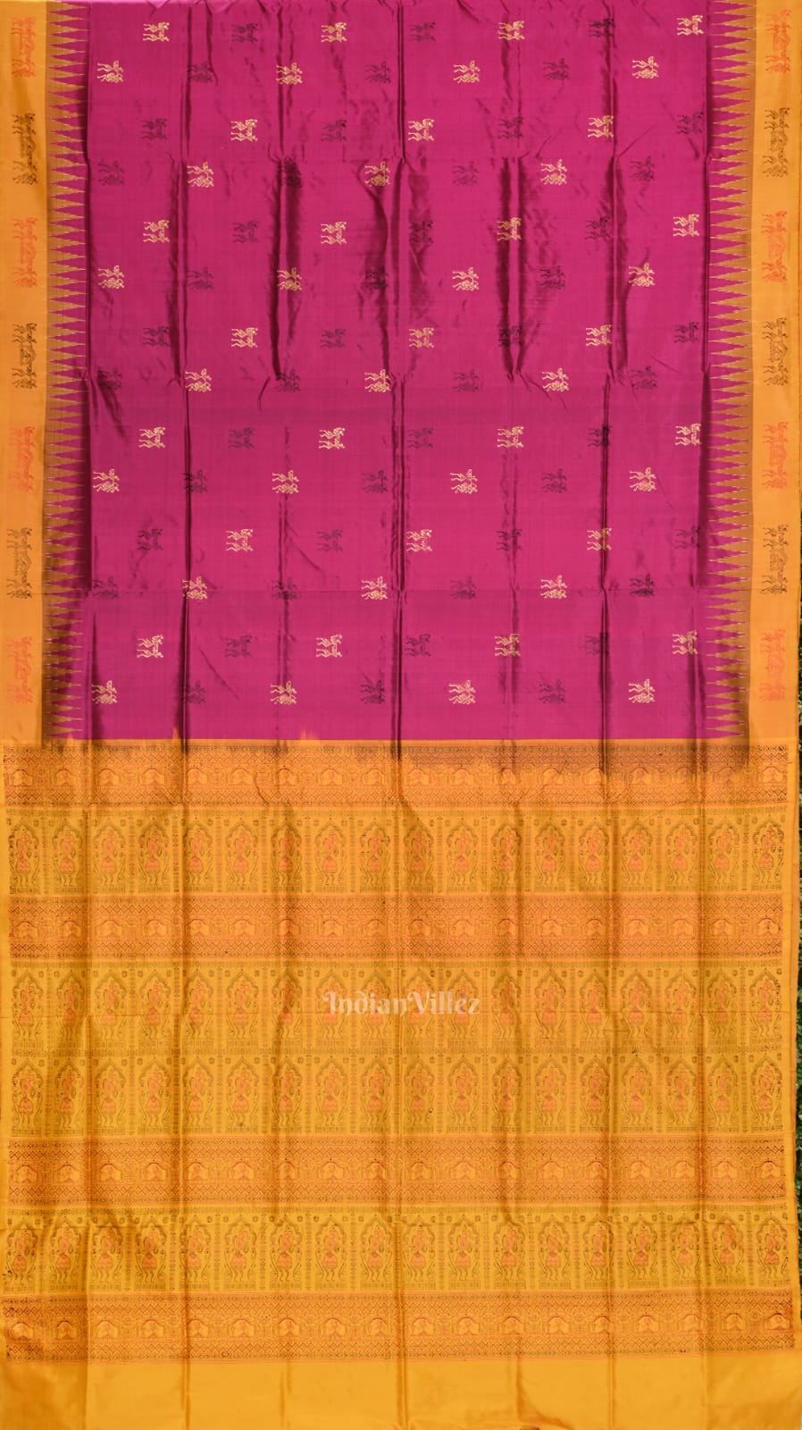 Magenta Pink with Mustard Yellow Tribal Theme Bomkai Sambalpuri Silk saree
