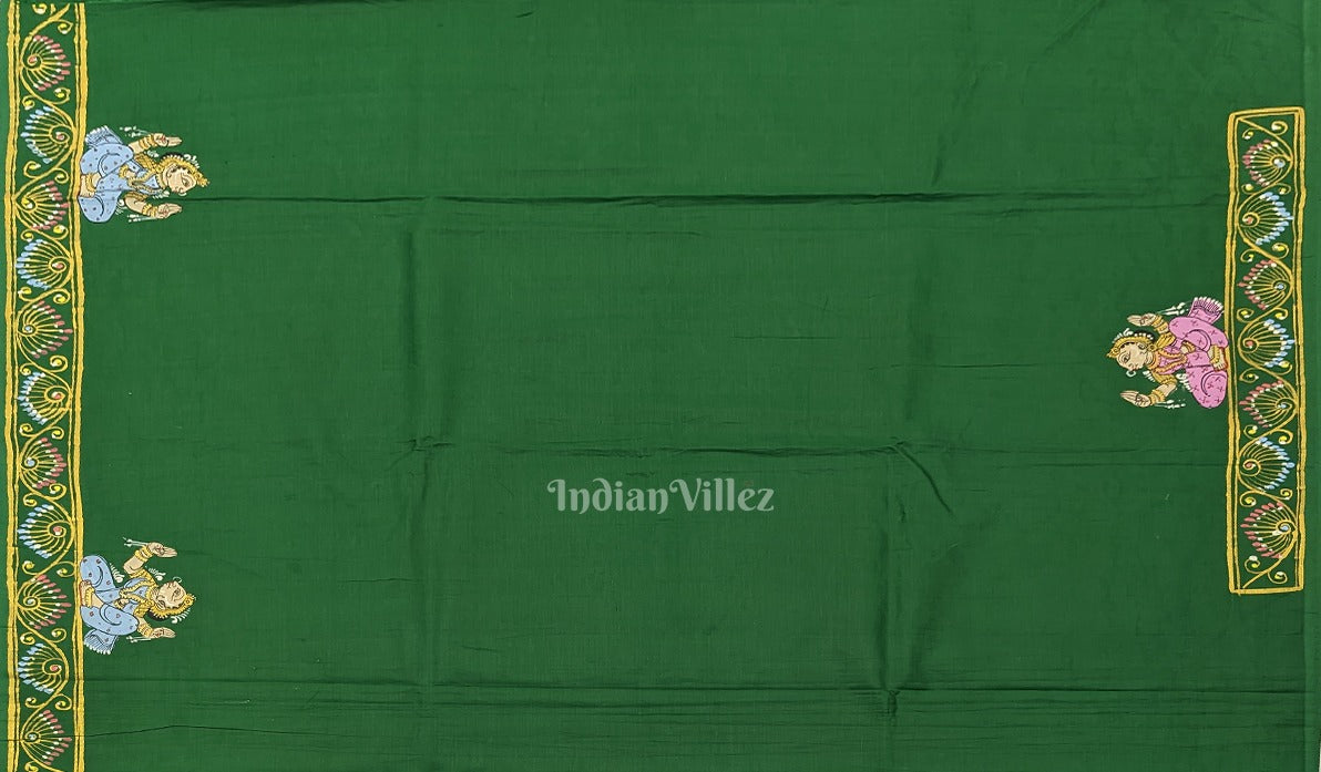 Green Raja Nartaki Theme Hand-Painted Pattachitra Saree