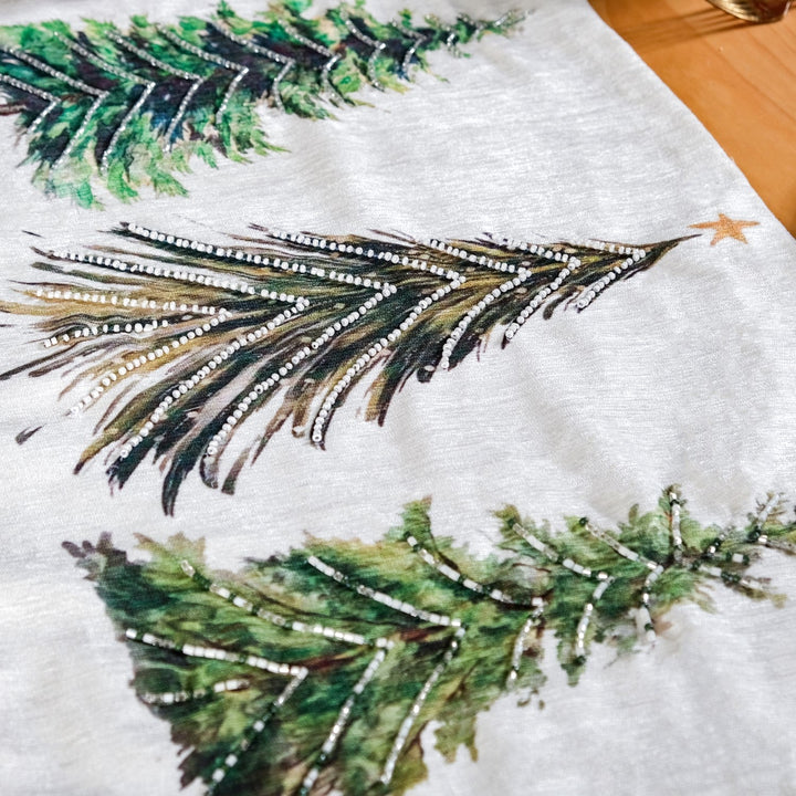 Grove Of Pine Trees Print Embellished White Dining Table Runner