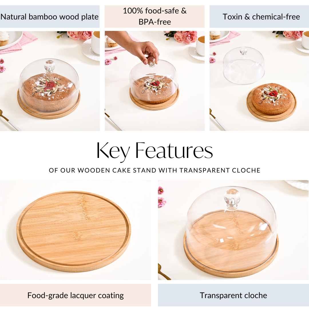 Wooden Cake Stand With Transparent Cloche 17cm