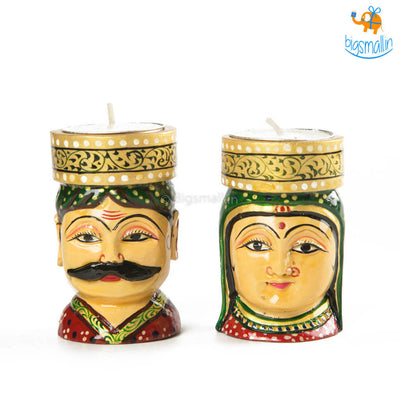 Hand-Crafted Wooden Face Tea Light Holder - Set of 2