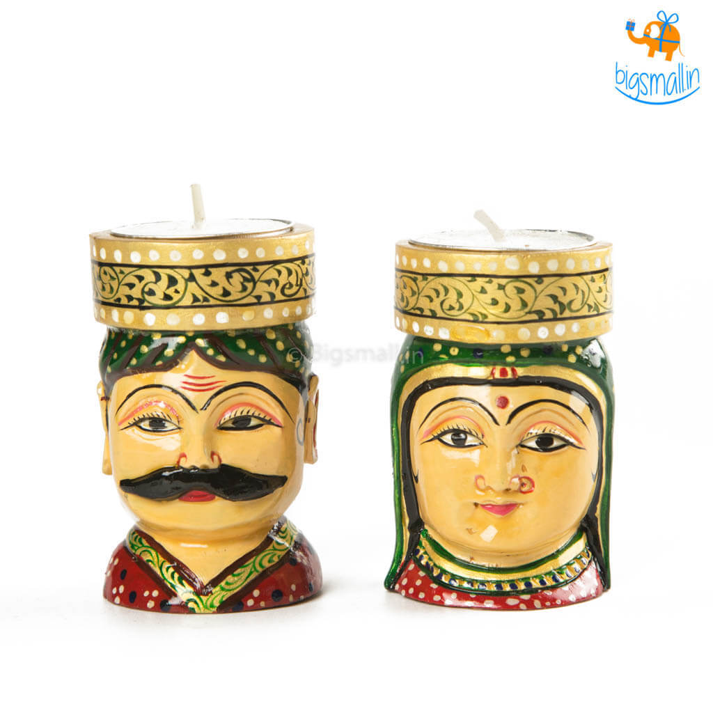 Hand-Crafted Wooden Face Tea Light Holder - Set of 2