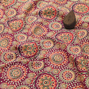 Maroon Multicolored Floral Hand Block Printed Cotton Fabric