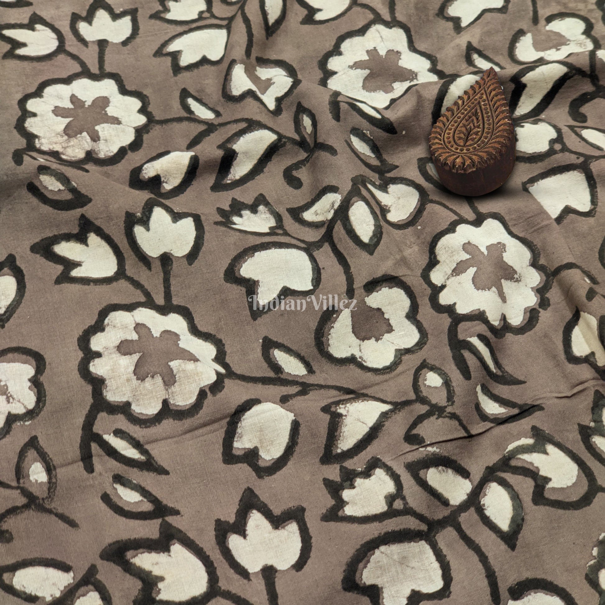 Gray White Floral Hand Block Printed Cotton Fabric