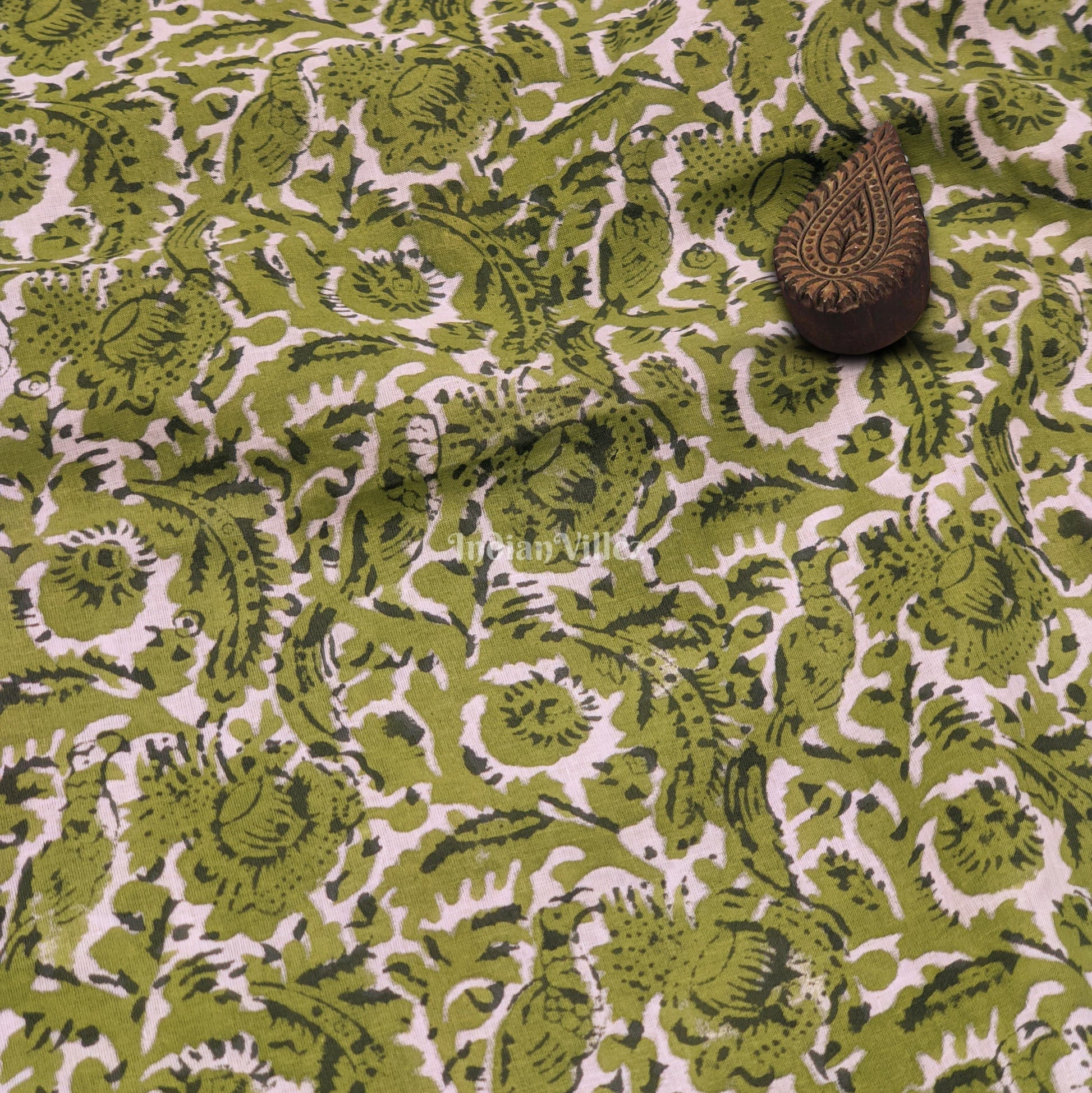 Green Floral Hand Block Printed Cotton Fabric