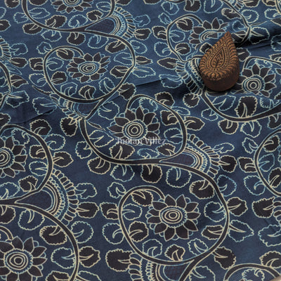 Navy Blue Black Floral Hand Block Printed Cotton Fabric