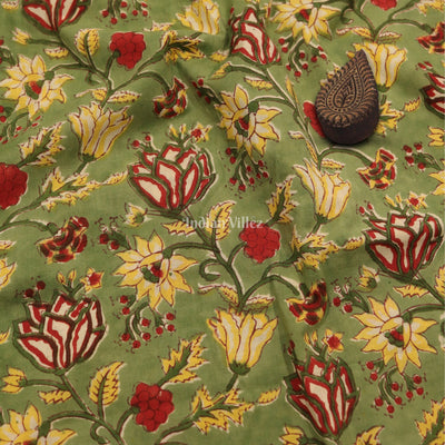 Green Multi Color Flower Motif Hand Block Printed Cotton Fabric