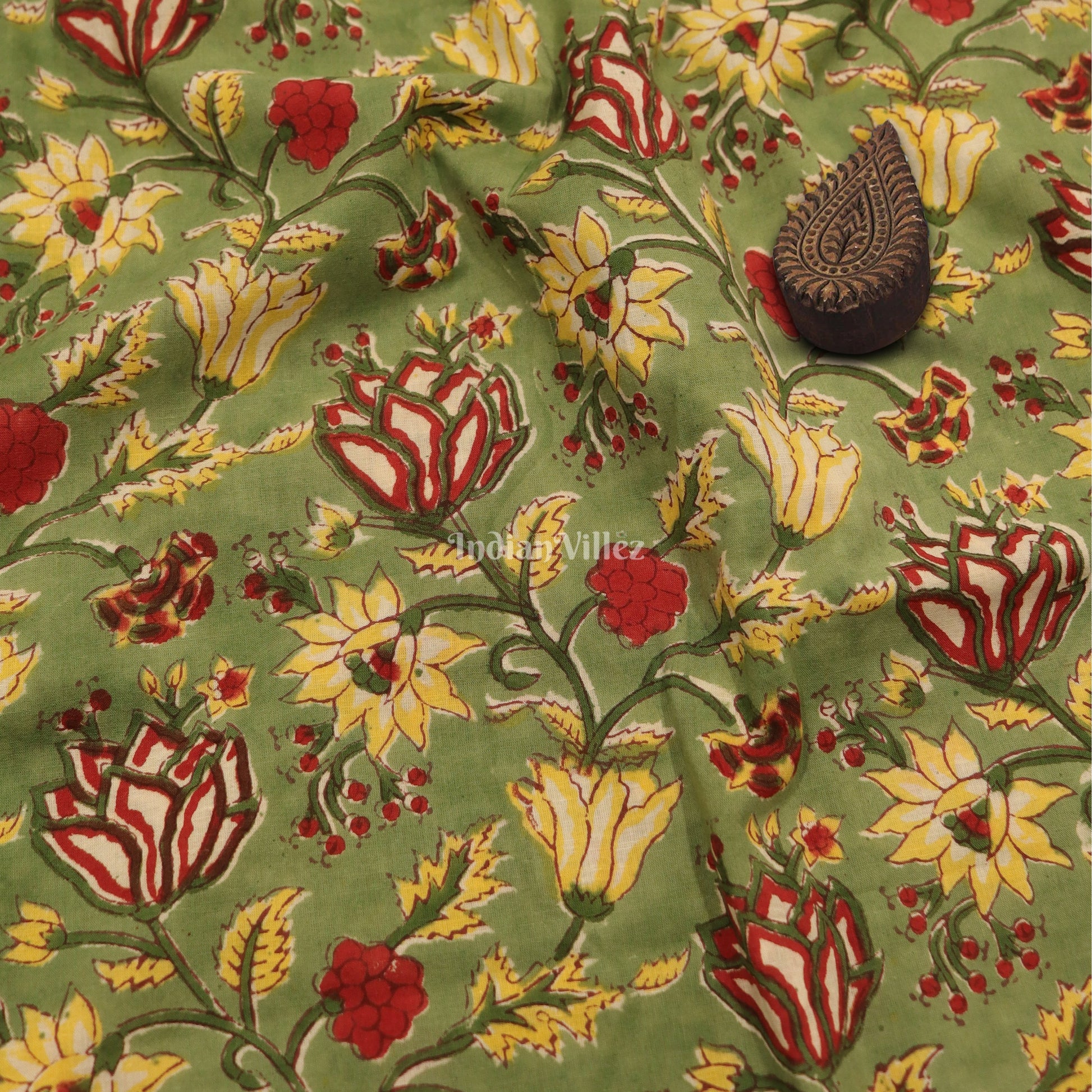 Green Multi Color Flower Motif Hand Block Printed Cotton Fabric