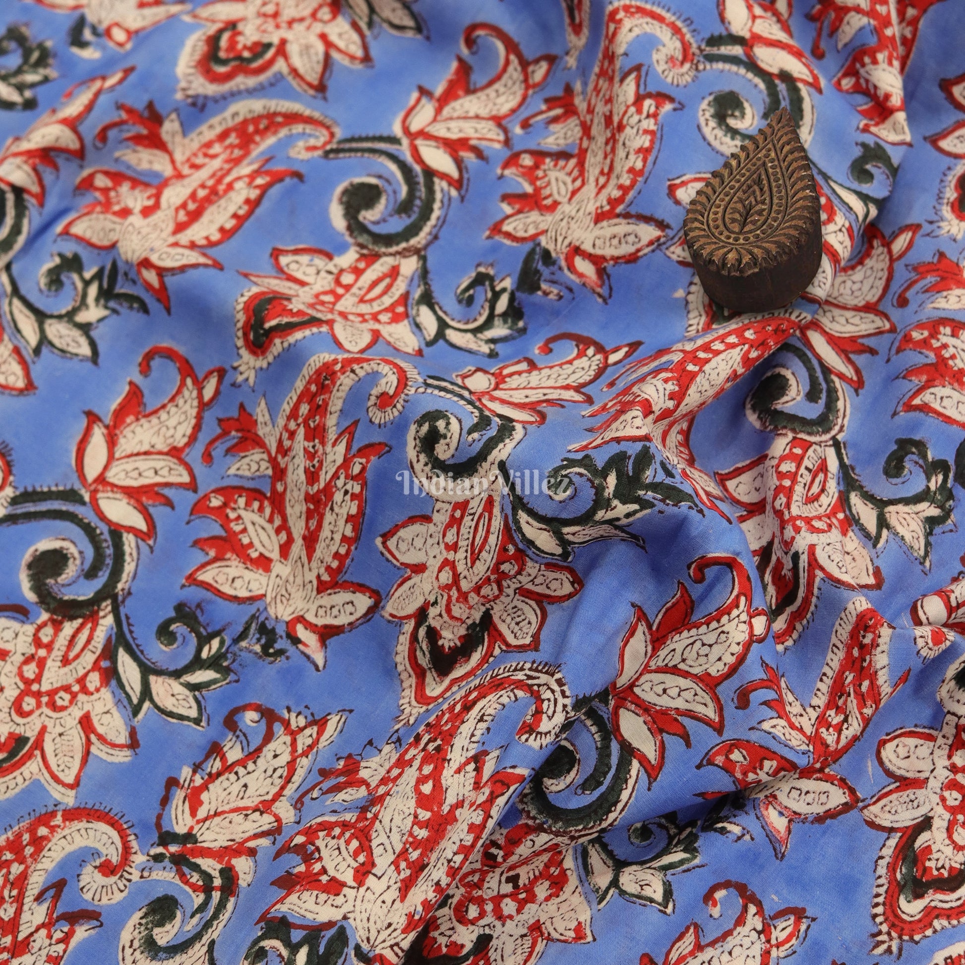 Blue Multi Color Flower Motif Hand Block Printed Cotton Fabric