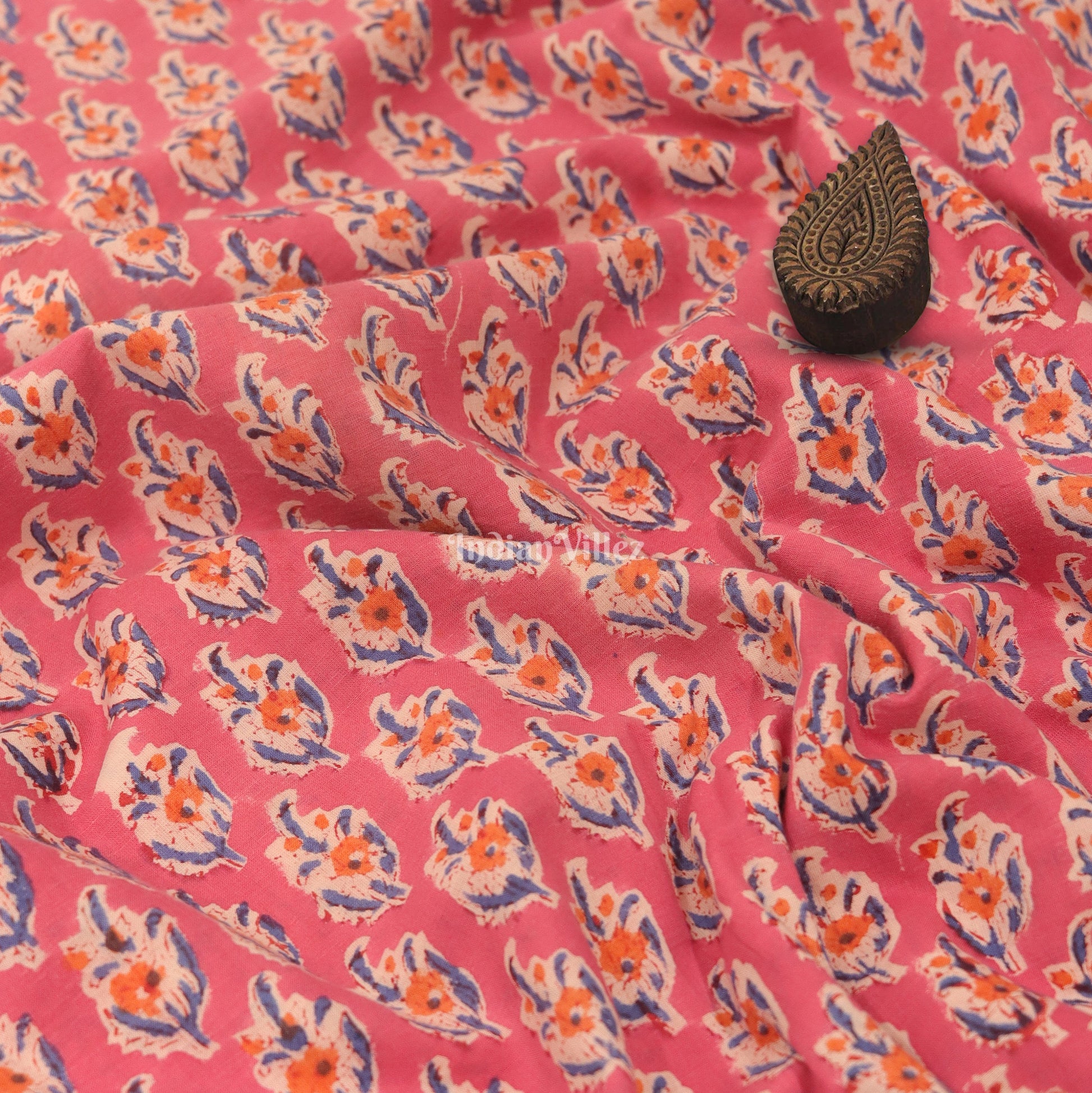 Pink Flower Motif Hand Block Printed Cotton Fabric