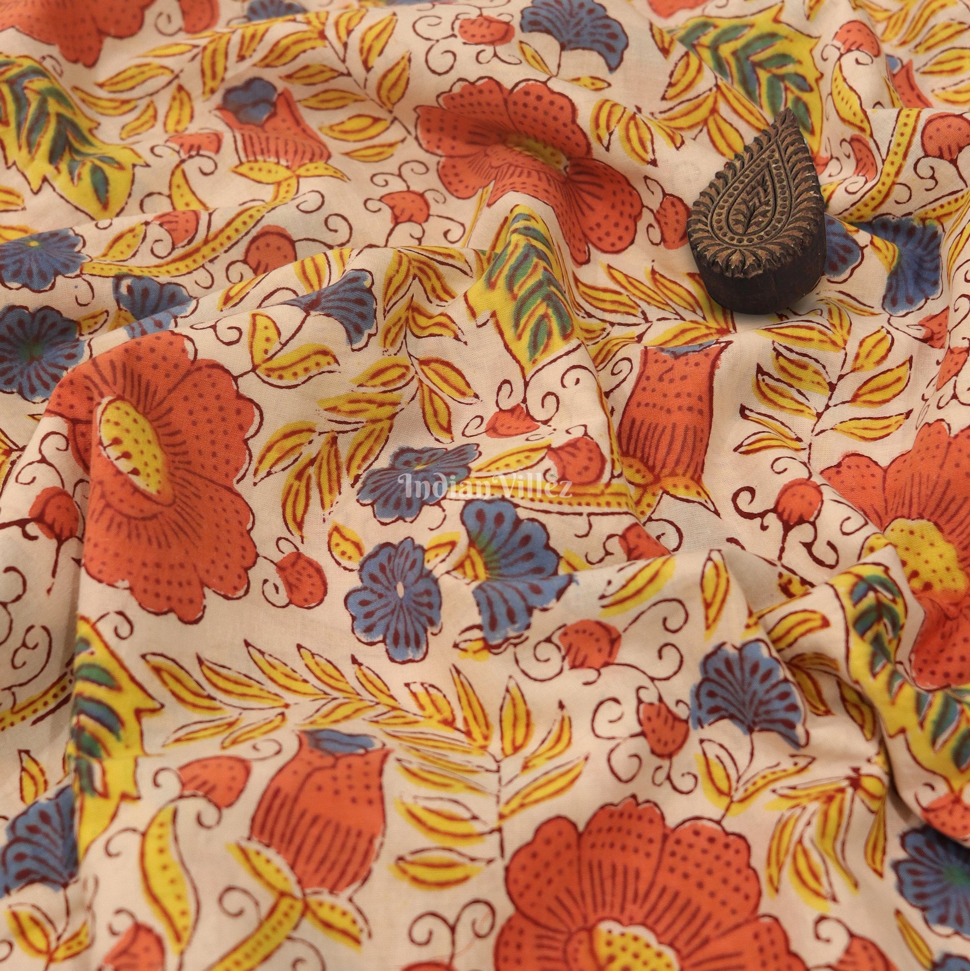 Cream Color Flower Dali Theme Hand Block Printed Cotton Fabric