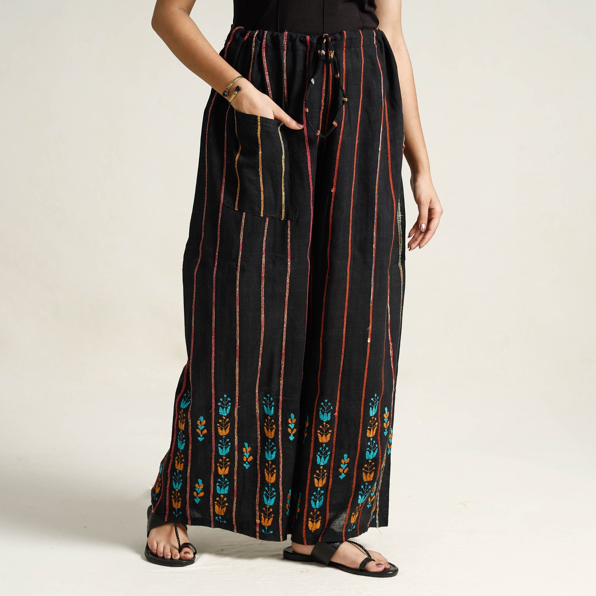 Black - Bengal Khesh Weaving Cotton Kantha Embroidery Palazzo 02