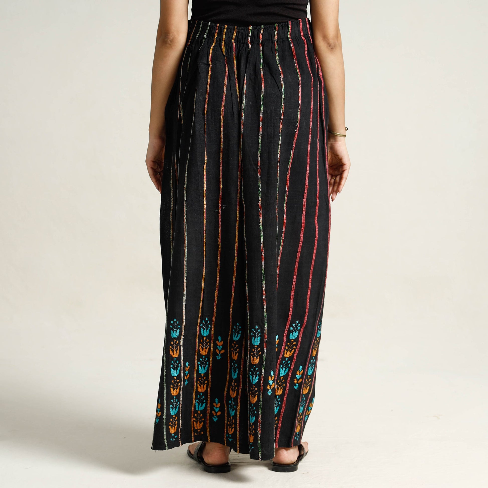 Black - Bengal Khesh Weaving Cotton Kantha Embroidery Palazzo 02