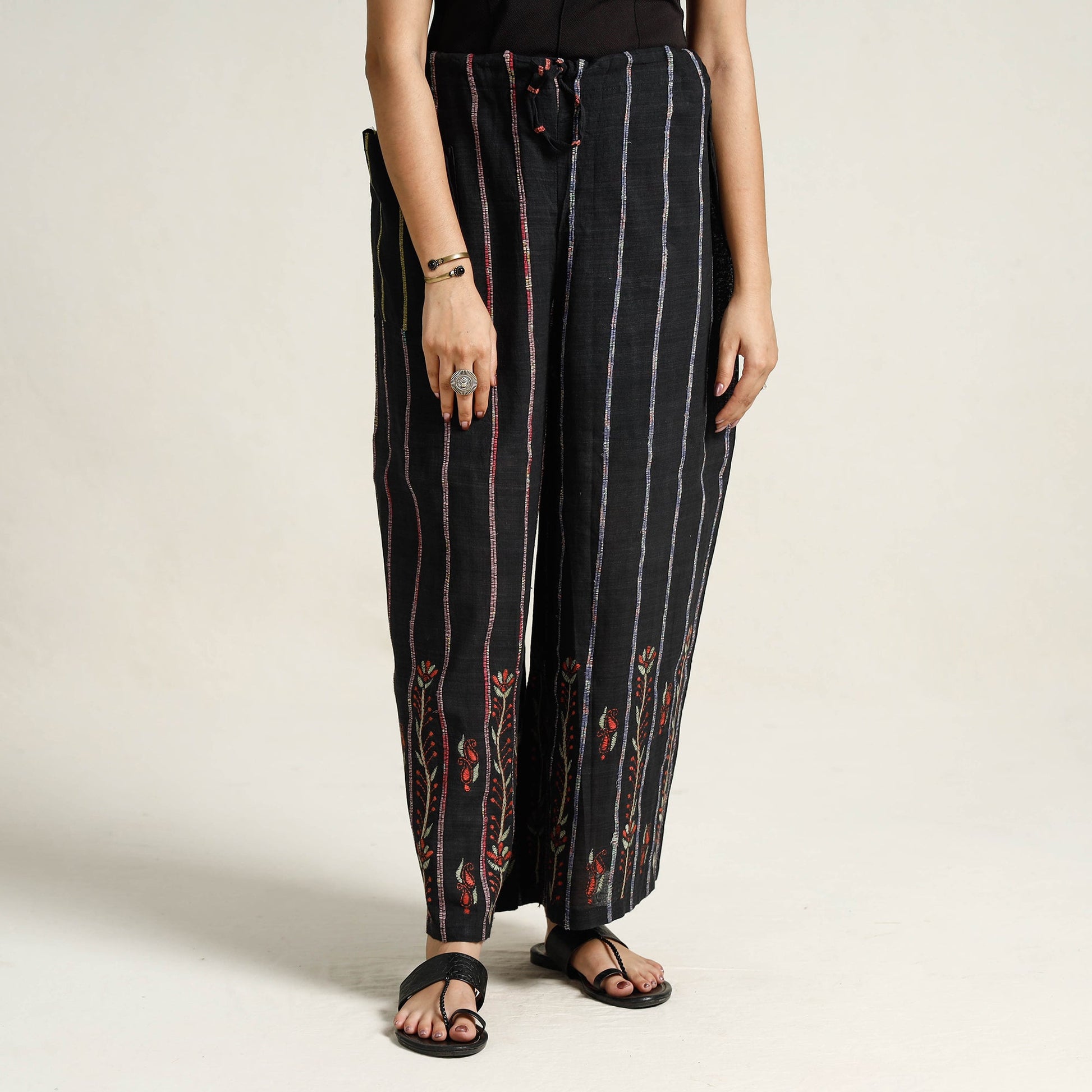 Black - Bengal Khesh Weaving Kantha Embroidery Cotton Palazzo 03