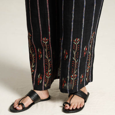 Black - Bengal Khesh Weaving Kantha Embroidery Cotton Palazzo 03