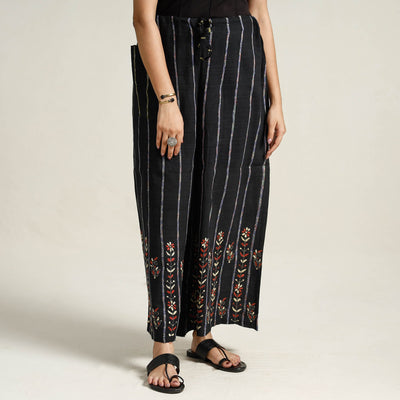 Black - Bengal Khesh Weaving Kantha Embroidery Cotton Palazzo 06
