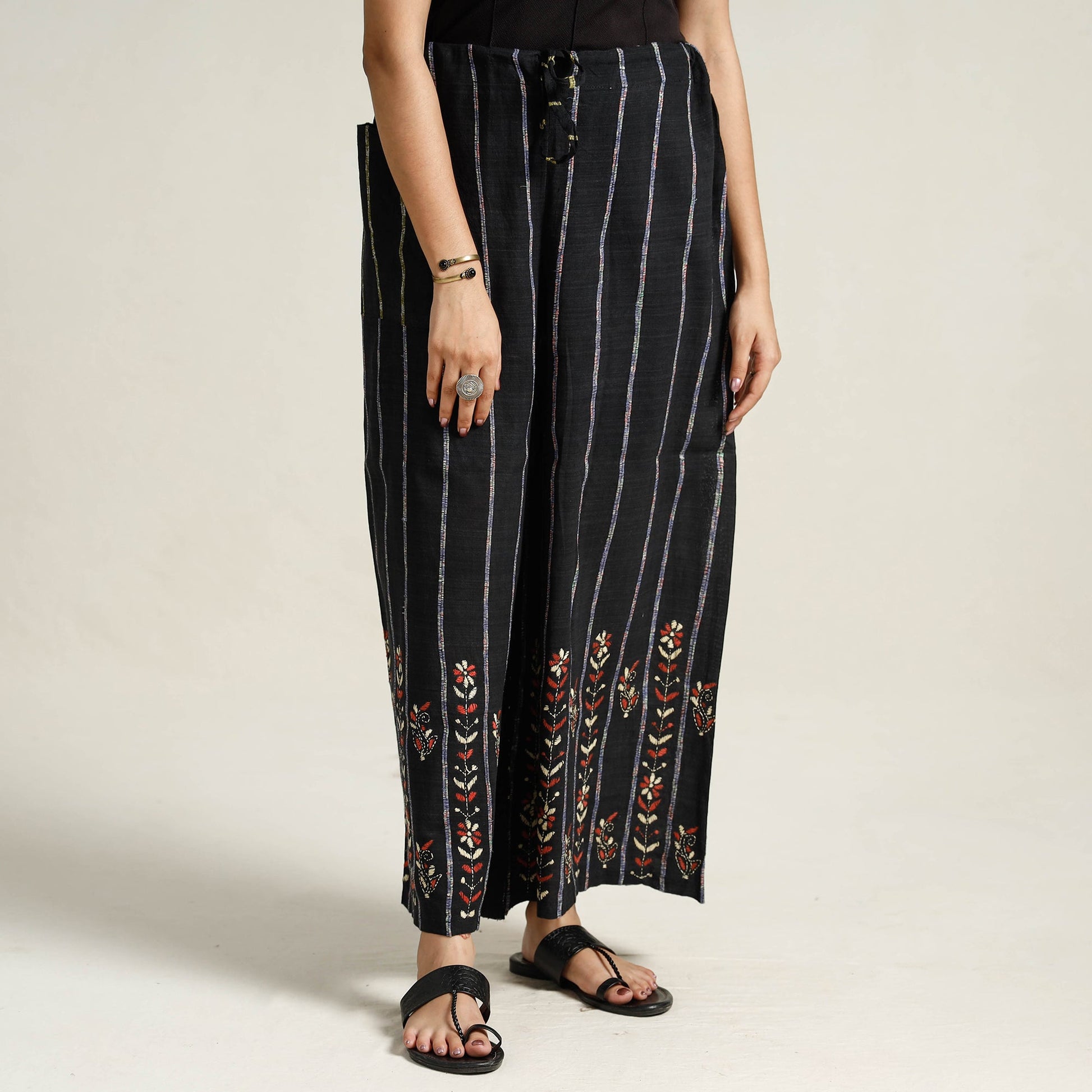 Black - Bengal Khesh Weaving Kantha Embroidery Cotton Palazzo 06