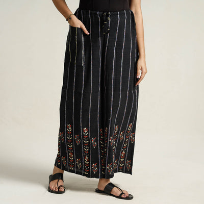 Black - Bengal Khesh Weaving Kantha Embroidery Cotton Palazzo 06