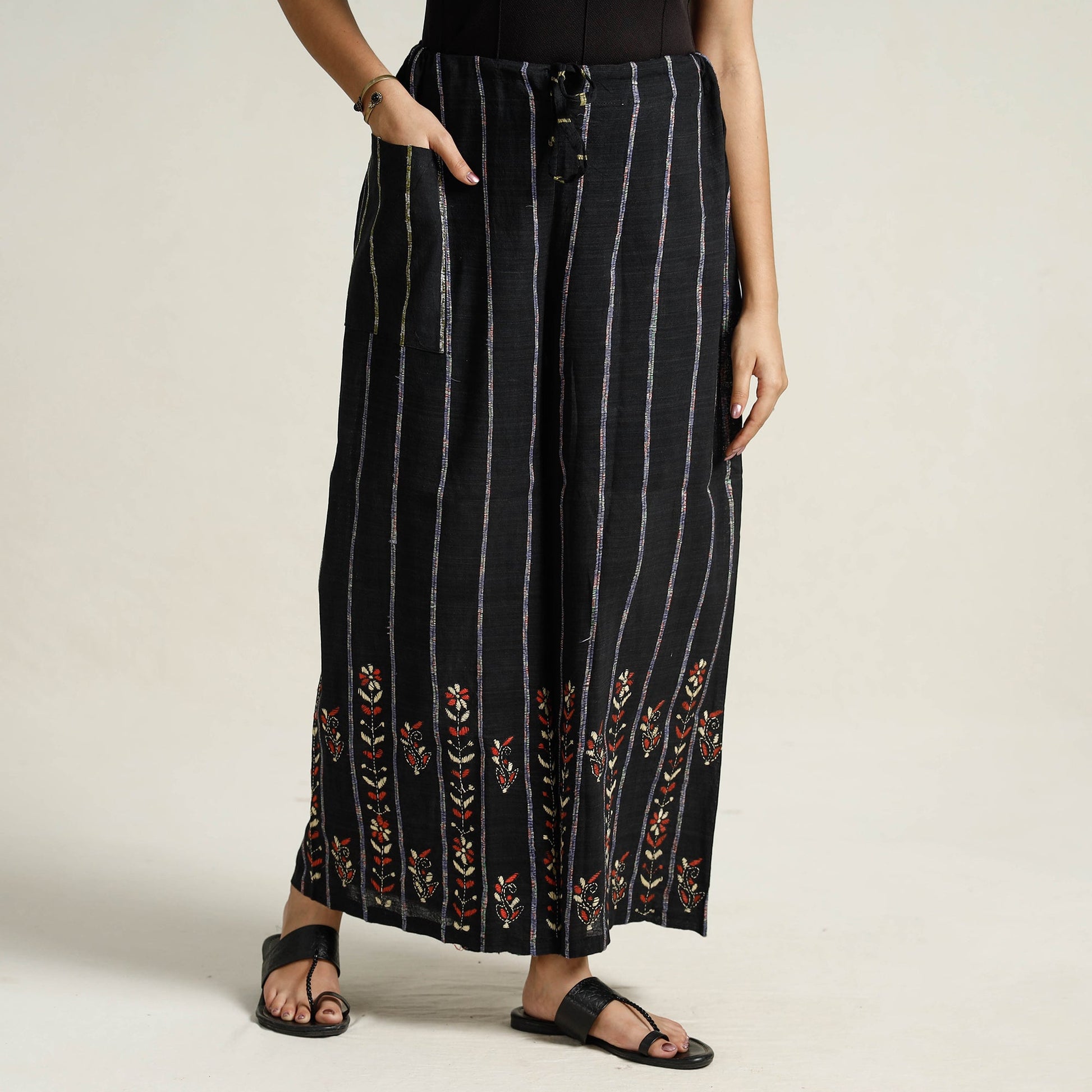 Black - Bengal Khesh Weaving Kantha Embroidery Cotton Palazzo 06