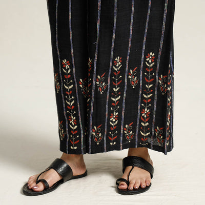 Black - Bengal Khesh Weaving Kantha Embroidery Cotton Palazzo 06