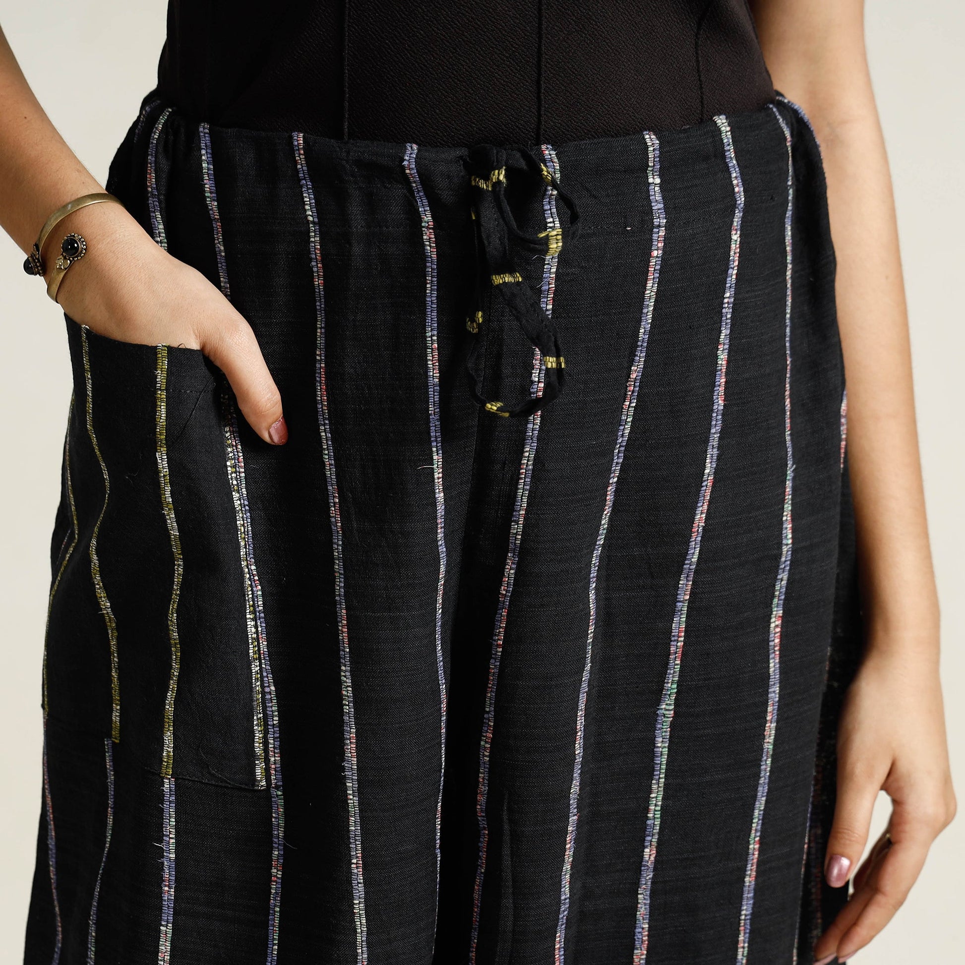 Black - Bengal Khesh Weaving Kantha Embroidery Cotton Palazzo 06