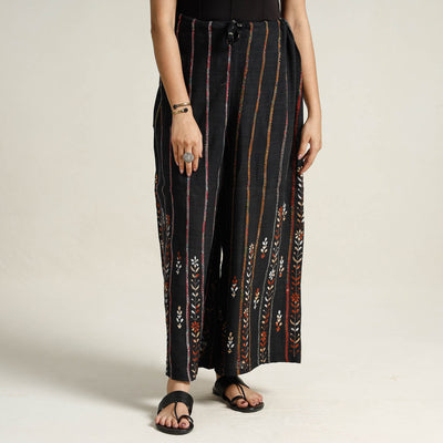 Black - Bengal Khesh Weaving Kantha Embroidery Cotton Palazzo 07