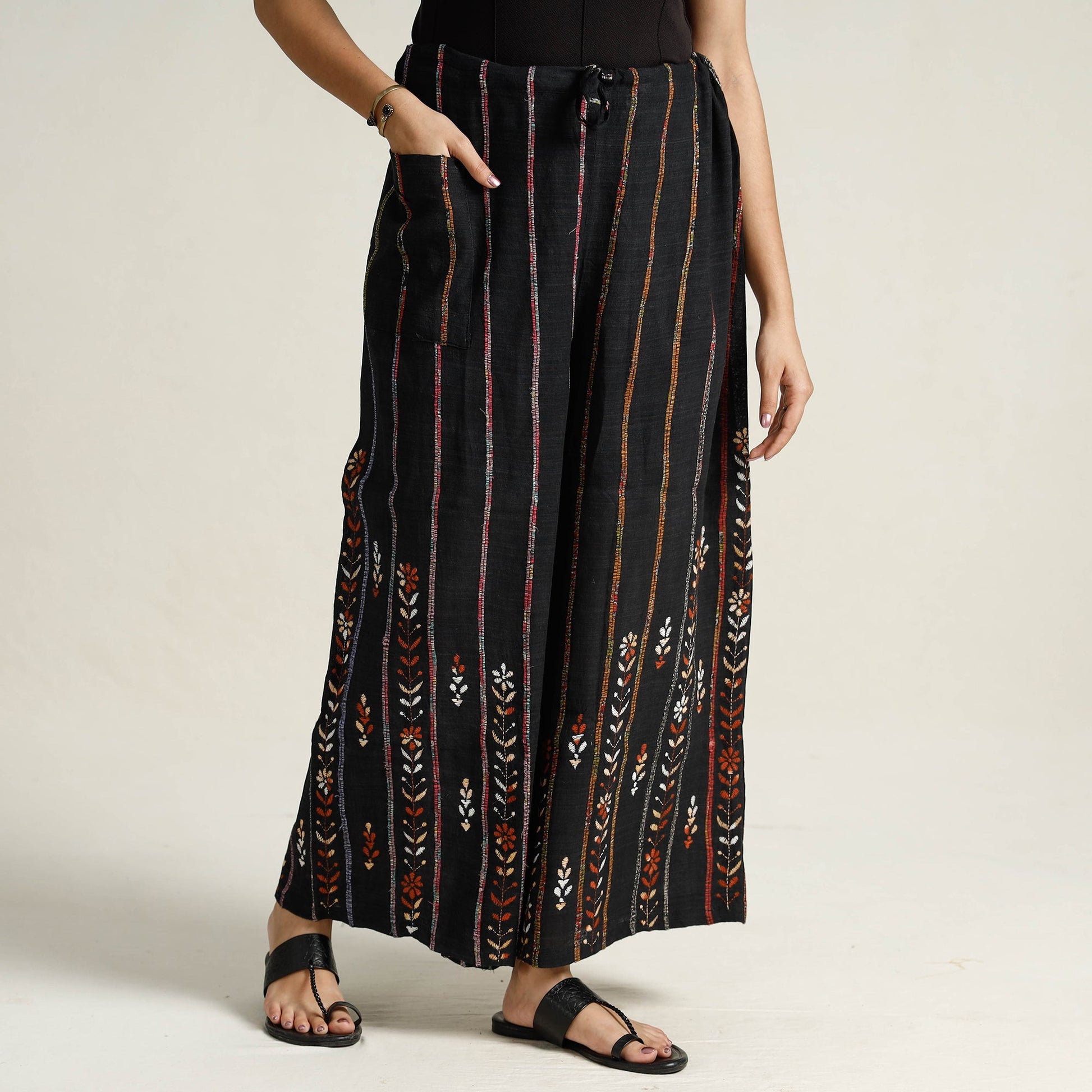 Black - Bengal Khesh Weaving Kantha Embroidery Cotton Palazzo 07