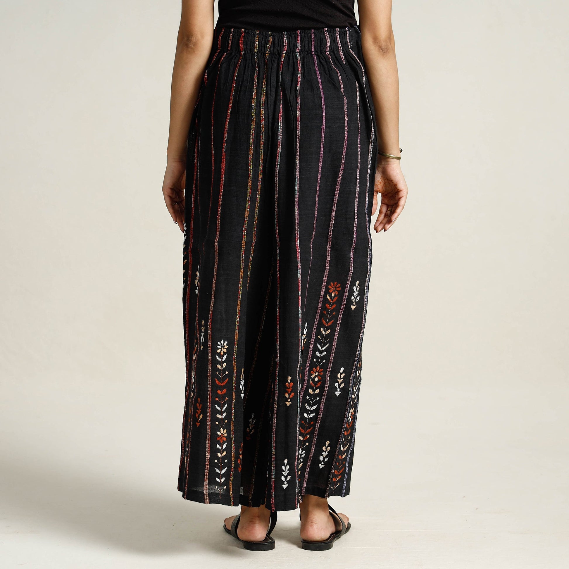Black - Bengal Khesh Weaving Kantha Embroidery Cotton Palazzo 07