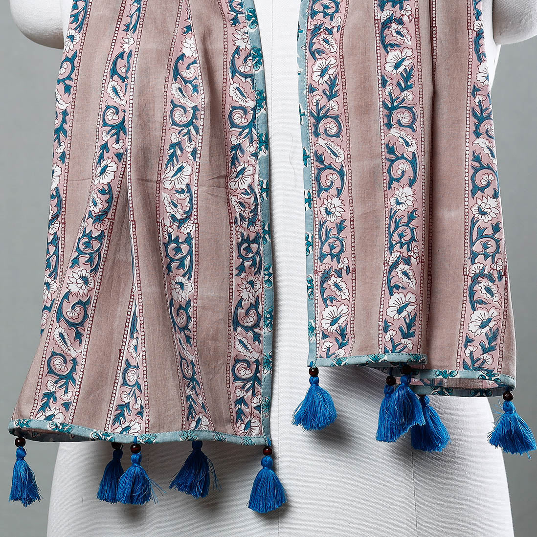Brown - Sanganeri Block Printed Cotton Stole with Tassels