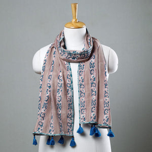 Brown - Sanganeri Block Printed Cotton Stole with Tassels